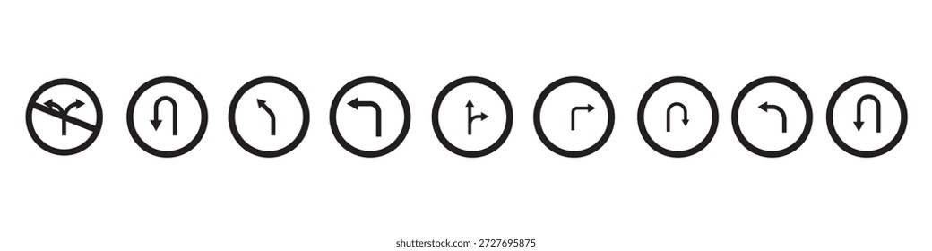 Conjunto de iconos de flecha direccional negra que incluyen giro en U, giro a la derecha, giro a la izquierda y flechas rectas. Sencillas señales de Vector para el tráfico, la navegación y las direcciones de la carretera.