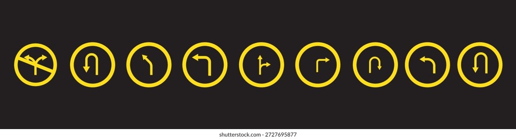 Conjunto de iconos de flecha direccional negra que incluyen giro en U, giro a la derecha, giro a la izquierda y flechas rectas. Sencillas señales de Vector para el tráfico, la navegación y las direcciones de la carretera.