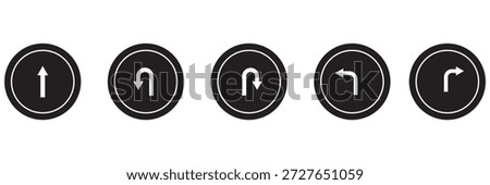 Set of black directional arrow icons including U turn, right turn, left turn, and straight arrows. Simple vector signs for traffic, navigation, and road directions