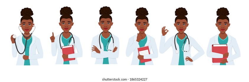  Set Black doctors character woman with stethoscope. Medical staff, doctor, therapist, professional hospital staff. Vector illustration.