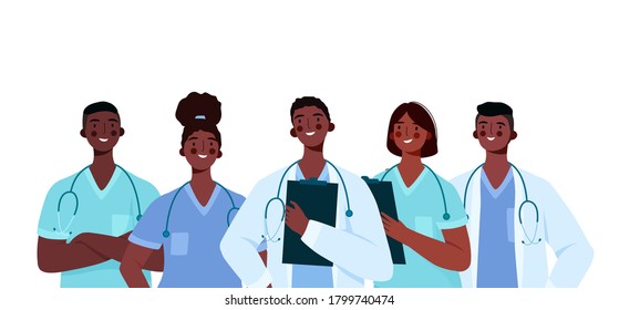 Set Of Black Doctors Characters. Medical Team Concept In Vector Illustration Design. Medical Staff Doctor Nurse Therapist Surgeon Professional Hospital Workers, Group Of Medics.