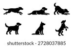 Set of black dog silhouettes in different poses like running, sitting, and lying down, isolated on a white background.