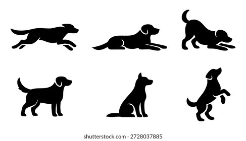 Set of black dog silhouettes in different poses like running, sitting, and lying down, isolated on a white background.