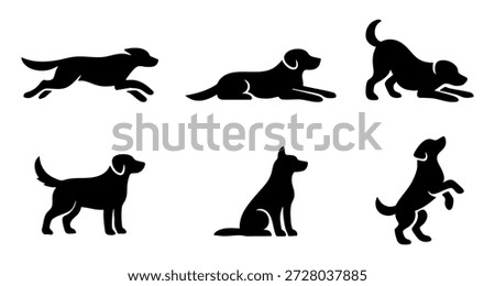 Set of black dog silhouettes in different poses like running, sitting, and lying down, isolated on a white background.