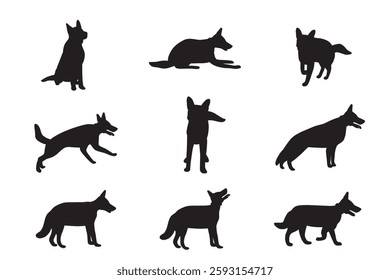 Set of black dog silhouettes in various poses, including sitting, standing, running and lying down. Silhouettes of German Shepherd silhouettes. Minimalistic flat vector illustrations set.