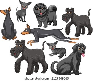 Set of black dogs in different breeds on white background illustration