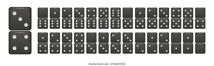 Set of black domino tiles and dice pieces in different combinations. Game elements for logic and casino