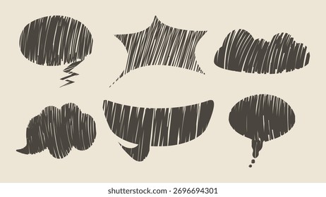 Conjunto de bolhas pretas de fala em branco. Elemento de design de bate-papo em estilo de textura de lápis. Ilustração de vetor de desenhos animados.
