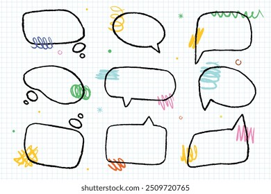 A set of black doodle bubbles with bright pencil scribbles. Elements of vector design.