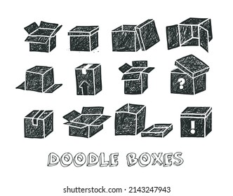 Conjunto de cajas de cartón de doodle en negro sobre fondo blanco. Ilustración del dibujo del doodle vector