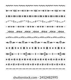 Set of black doodle dividers. Dotted lines, hearts, arrows, waves, flowers.