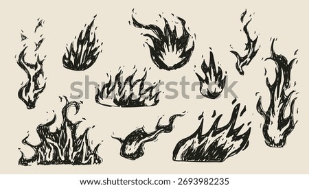 Set of black doodle flame. Pen ink various fire element. Isolated vector illustration.