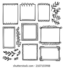 Set of black doodle frames and branches for bullet journal, notebook, diary, and planner isolated on white background. 