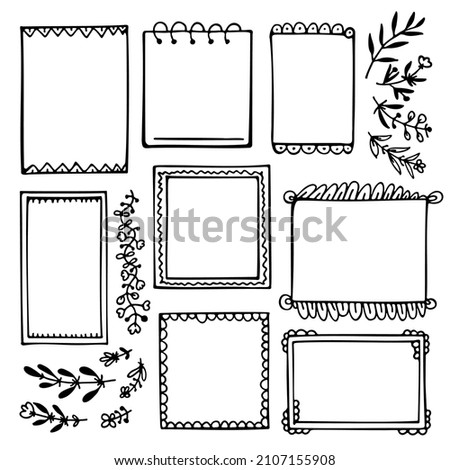 Set of black doodle frames and branches for bullet journal, notebook, diary, and planner isolated on white background. 