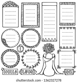 Set of black doodle frames for bullet journal, notebook, diary and planner isolated on white background. Hand drawn vector illustration with space for your text.