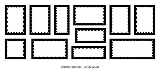 Set of black doodle frames with corrugated inner border. Wavy rectangular shapes.