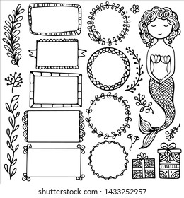 Set of black doodle frames, elements and mermaid for bullet journal, notebook, diary and planner isolated on white background. Hand drawn vector illustration with space for your text.