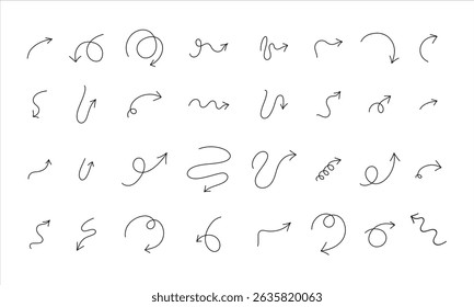 Set of black Doodle hand drawn arrows isolated on white. Vector illustration. Arrow collection set.
