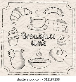 Set of black doodle hand-drawn breakfast food icons on crumpled white paper background vector illustration