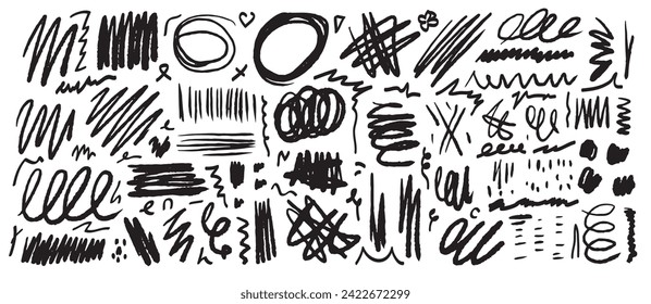 A set of black doodle lines, strokes, sketches, stripes, scrath drawn by hand on a white background. Scribble, textured design elements.