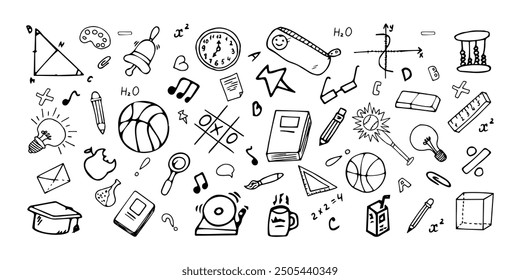 Set black Doodle Modern Student icons on white background. Seamless pattern Back to School. Hand drawn sticker vector illustration, book, clock, cube, light bulb, basketball, book, pen, notes, brush. 