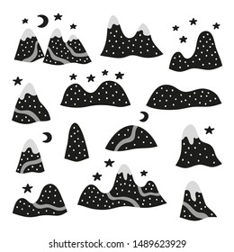 Set of black doodle mountains with dots, stars in Scandinavian style isolated on white background.