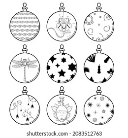 Set Black Doodle Outline Simple Line Abstract Collection Christmas Xmas Balls Holiday Decorations Happy New Year Background Vector Design Style