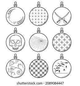 Set Black Doodle Outline Simple Line Abstract Collection Christmas Xmas Balls Holiday Decorations Happy New Year Background Vector Design Style