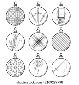 Set Black Doodle Outline Simple Line Abstract Collection Christmas Xmas Balls Holiday Decorations Happy New Year Background Vector Design Style