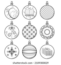 Set Black Doodle Outline Simple Line Abstract Collection Christmas Xmas Balls Holiday Decorations Happy New Year Background Vector Design Style