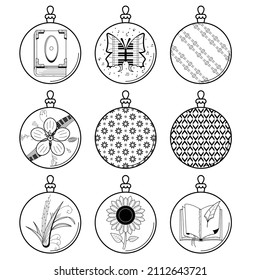 Set Black Doodle Outline Simple Line Abstract Collection Christmas Xmas Balls Holiday Decorations Happy New Year Background Vector Design Style