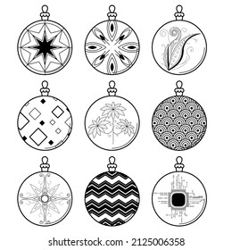 Set Black Doodle Outline Simple Line Abstract Collection Christmas Xmas Balls Holiday Decorations Happy New Year Background Vector Design Style