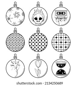 Establecer el contorno del doodle negro de línea simple Resumen Colección navidad Navidad Bolas navideñas Decoraciones navideñas Feliz Año Nuevo Estilo de diseño vectorial