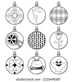 Set Black Doodle Outline Simple Line Abstract Collection Christmas Xmas Balls Holiday Decorations Happy New Year Background Vector Design Style