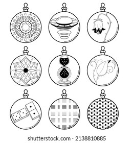 Set Black Doodle Outline Simple Line Abstract Collection Christmas Xmas Balls Holiday Decorations Happy New Year Background Vector Design Style