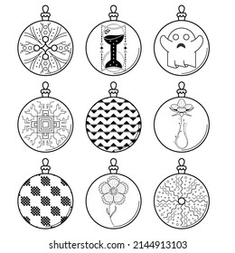 Set Black Doodle Outline Simple Line Abstract Collection Christmas Xmas Balls Holiday Decorations Happy New Year Background Vector Design Style