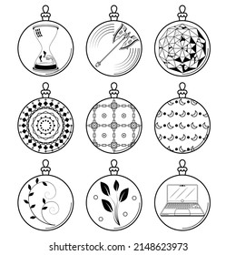 Set Black Doodle Outline Simple Line Abstract Collection Christmas Xmas Balls Holiday Decorations Happy New Year Background Vector Design Style