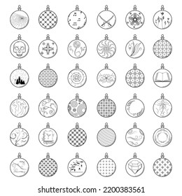 Set Black Doodle Outline Simple Line Abstract Collection Christmas Xmas Balls Holiday Decorations Happy New Year Background Vector Design Style
