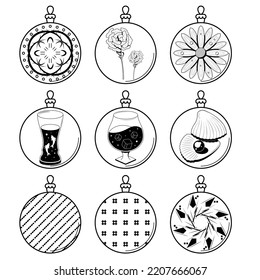 Establecer el contorno del doodle negro de línea simple Resumen Colección navidad Navidad Bolas navideñas Decoraciones navideñas Feliz Año Nuevo Estilo de diseño vectorial