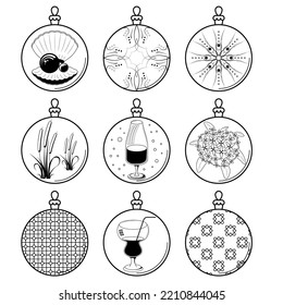 Set Black Doodle Outline Simple Line Abstract Collection Christmas Xmas Balls Holiday Decorations Happy New Year Background Vector Design Style