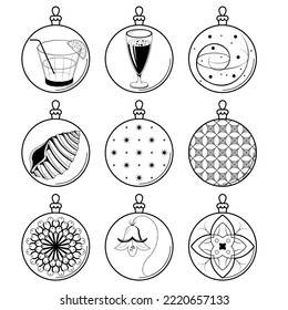Set Black Doodle Outline Simple Line Abstract Collection Christmas Xmas Balls Holiday Decorations Happy New Year Background Vector Design Style