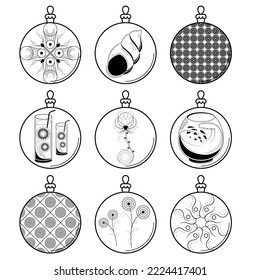 Set Black Doodle Outline Simple Line Abstract Collection Christmas Xmas Balls Holiday Decorations Happy New Year Background Vector Design Style