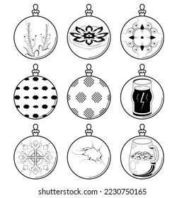 Set Black Doodle Outline Simple Line Abstrakte Sammlung Weihnachtsbälle Weihnachtsbälle Feiertagsdekorationen Happy New Year Hintergrund Vectordesign Style