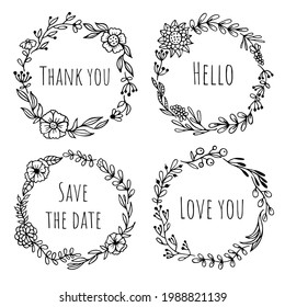 Set of black doodle round frames, vignettes for bullet journal, notebook, diary, and planner isolated on white background. Hand-drawn wreaths with space for your text 