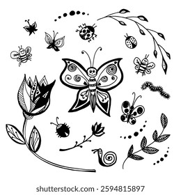 Set of black doodle silhouettes of insects and plants on white paper, hand drawing, butterfly outline