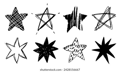 Set of black doodle style stars drawn by hand. Grunge scrawls, charcoal scribbles, rough brush strokes, underlines. Bold charcoal freehand stars. Crayon or marker scribbles