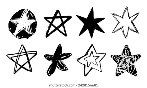 Set of black doodle style stars drawn by hand. Grunge scrawls, charcoal scribbles, rough brush strokes, underlines. Bold charcoal freehand stars. Crayon or marker scribbles