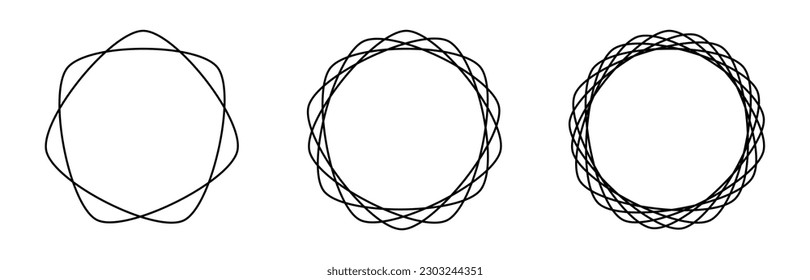 Conjunto de marcos de la línea de la rueda del doodle negro sobre fondo blanco. Ilustración vectorial.