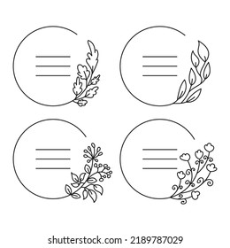 Set of black doodles of hand drawn decorative wreaths with plants, herbs and leaves. Vector illustration. Round frames with floral ornaments.