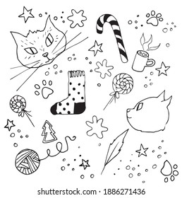 Set of black doodles socks, cats, lollipops, gingerbreads. Design elements